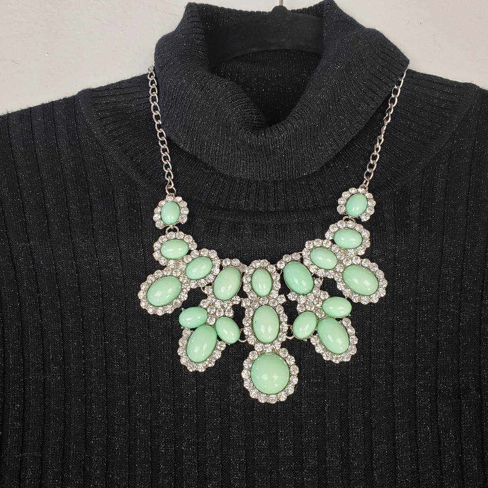 Aqua & Clear Stones Silvertone Bib Necklace - Picture 1 of 12